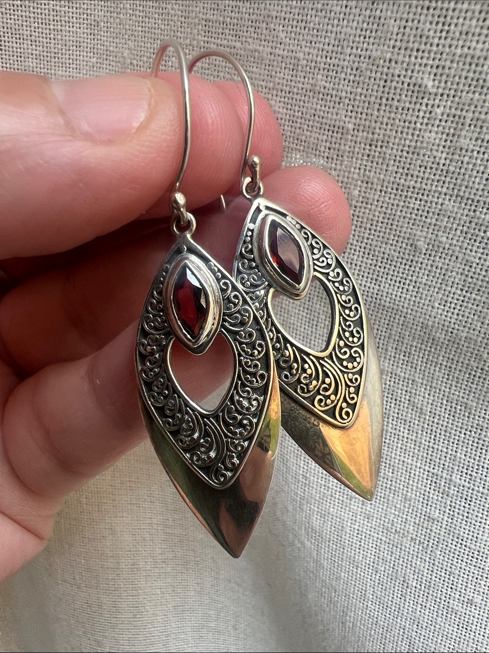 Sterling Silver Filigree Teardrop Earrings with Red Gemstones